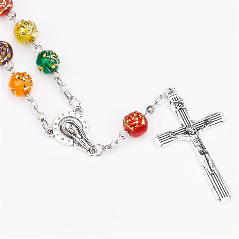男性用祈りのカトリックロザリオネックレス ロングビーズチェーン クロスペンダントネックレス 女性用 宗教ジュエリー ロザリオ 教会ギフト
