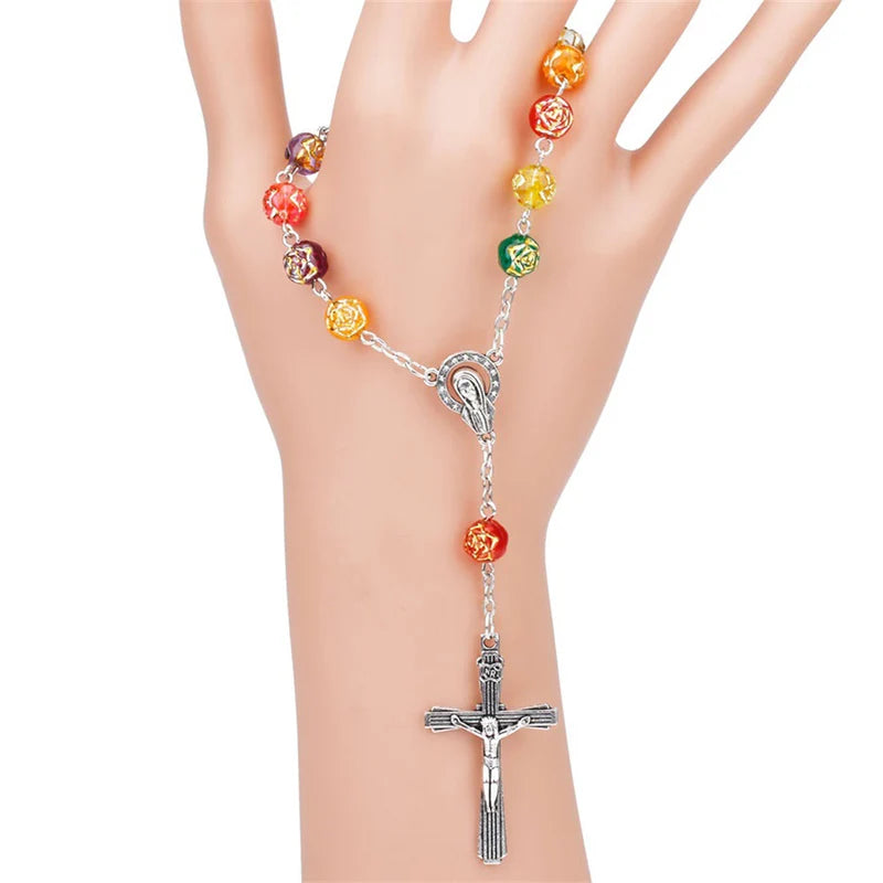 男性用祈りのカトリックロザリオネックレス ロングビーズチェーン クロスペンダントネックレス 女性用 宗教ジュエリー ロザリオ 教会ギフト