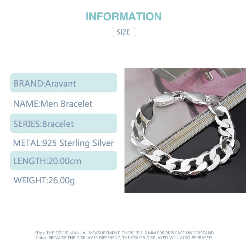 Aravant 925シルバー 12MMブレスレットチェーン メンズ レディース ファッションジュエリー