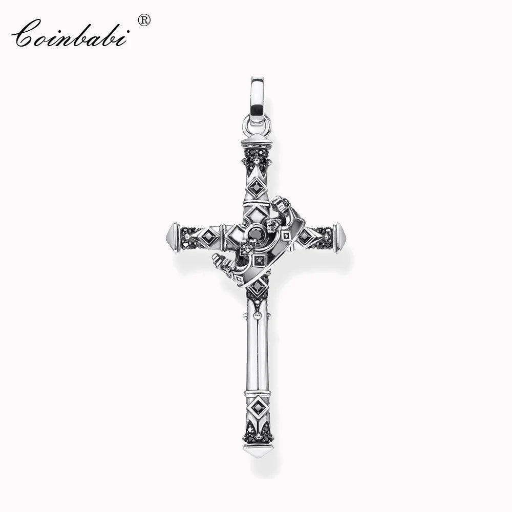 本物の925スターリングシルバー製マジェスティッククロスとクラウンペンダントネックレス、ファインジュエリーアクセサリー、レトロでトレンディな男性向けギフト。