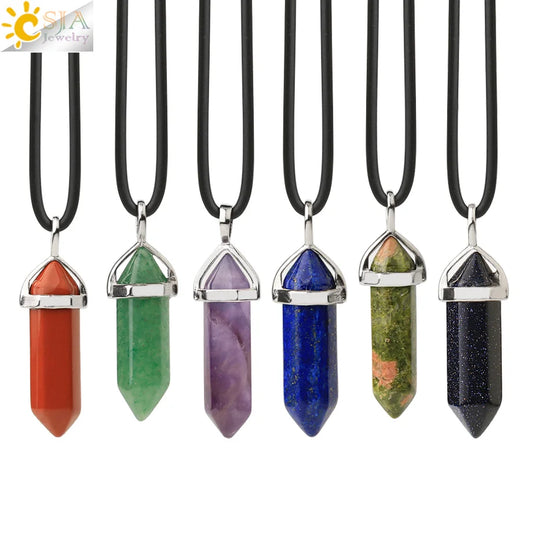 CSJA Hexagonal Bullet Crystal Necklaces Natural Gem Stone Quartz Necklace Pendant Chakra Amethysts Pink Quartz Lapis Lazuli G957