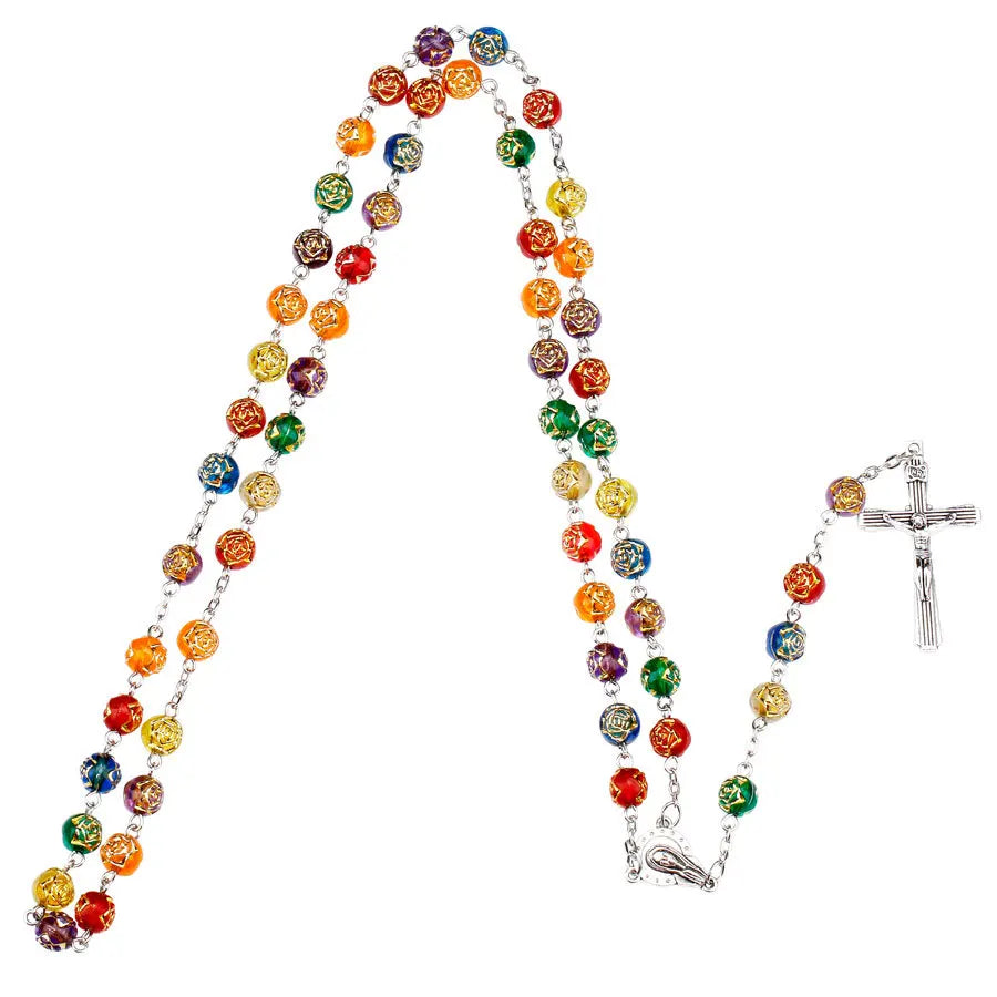 男性用祈りのカトリックロザリオネックレス ロングビーズチェーン クロスペンダントネックレス 女性用 宗教ジュエリー ロザリオ 教会ギフト