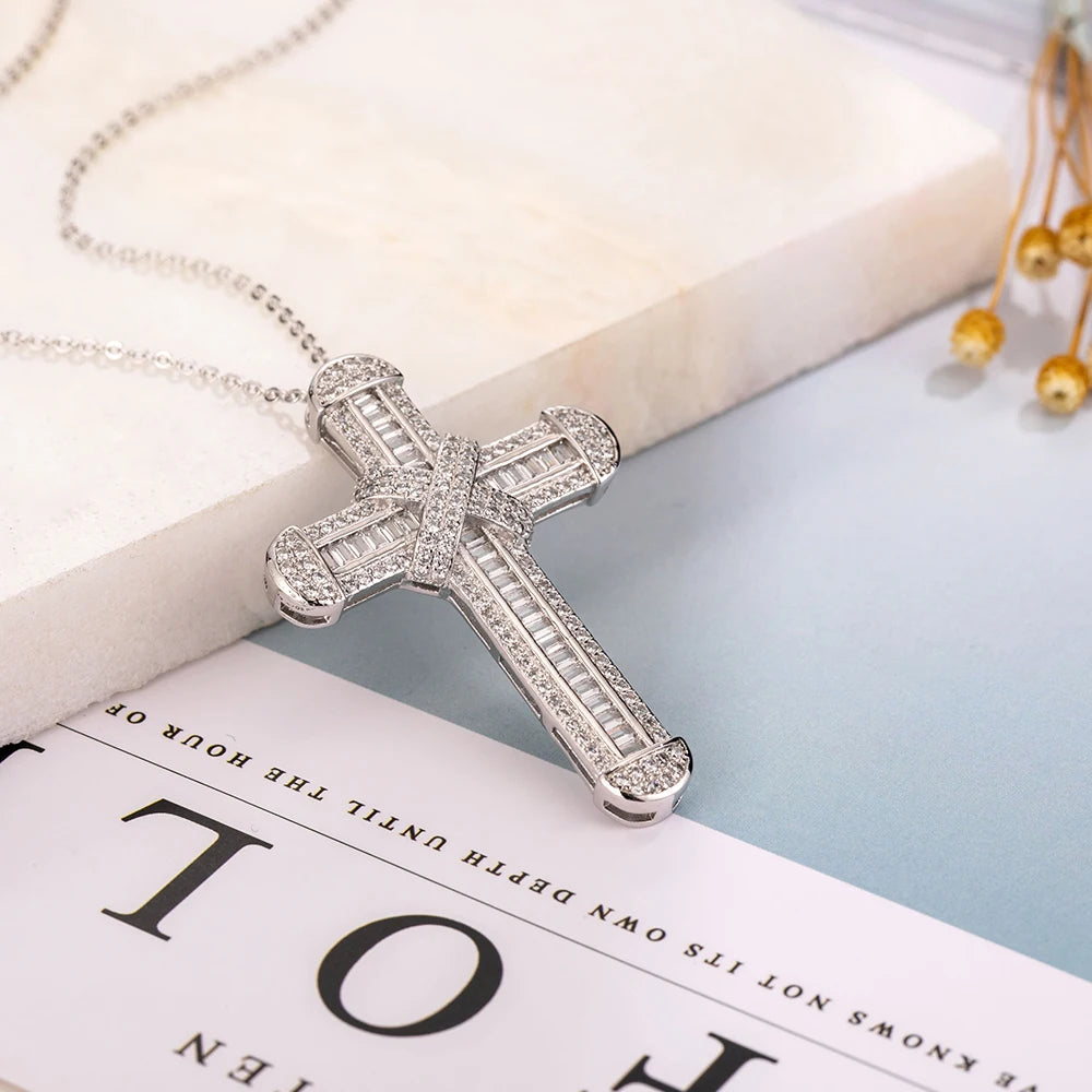 新品 925 シルバー 絶妙な聖書イエス十字架ペンダントネックレス レディース メンズ 十字架チャーム 模造ダイヤモンド 14K ゴールドジュエリー