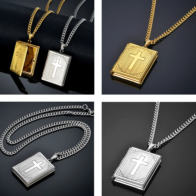 イエス・キリスト十字架ネックレスジュエリー メンズ レディース ゴールドカラースチールチェーン 男性用写真ロケットスタイル イエス十字架ペンダントネックレス XL787