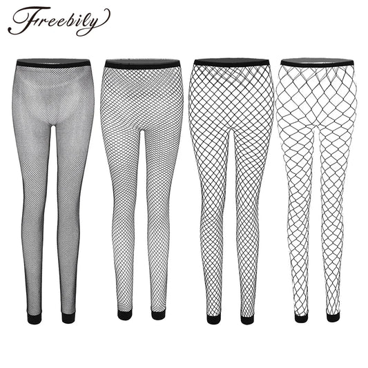 Women Sexy Fishnet Leggings Hollow Out Mesh Net Trousers See Through High Waist Transparent Ankle Length Footless Leggings Pants