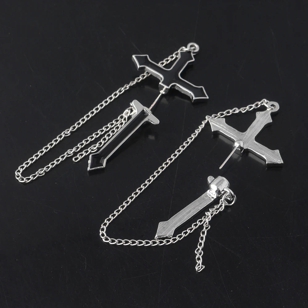 ゴシックパンクブラッククロスドロップイヤリングティーンズヴィンテージロックプライドロングチェーンイヤーカフイヤークリップレディースイヤリングガールズジュエリー