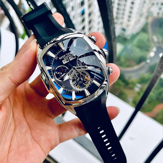 Reef Tiger/RT Designer Sport Watches with Tourbillon Stainless Steel Rubber Strap Blue Dial Automatic Watches RGA3069