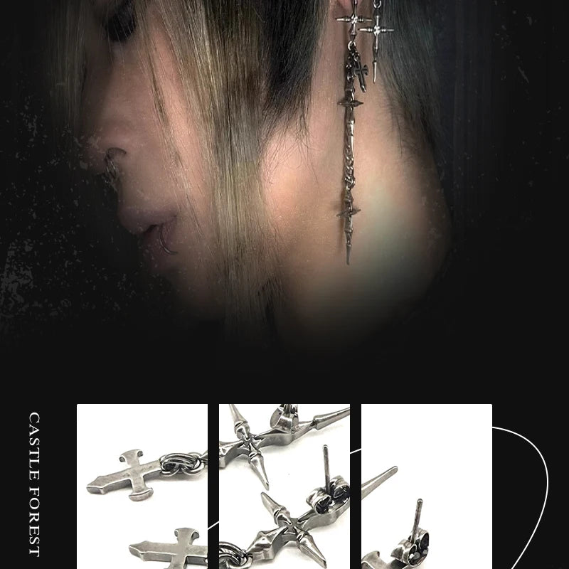 クロスチェーンダングルイヤリング、ユニークなジュエリーアクセサリー、ゴシックパンクスタイル、男女兼用