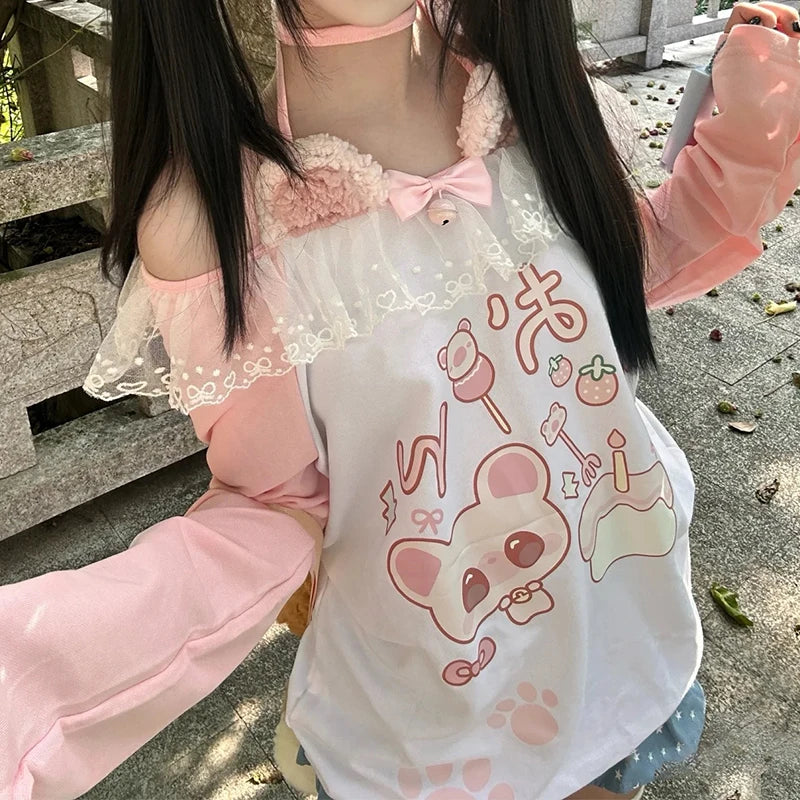 女性服かわいい難解なアニメプリントTシャツ秋の新しいサブカルチャーピンクの長袖Tシャツファッションホルターデザインセンス