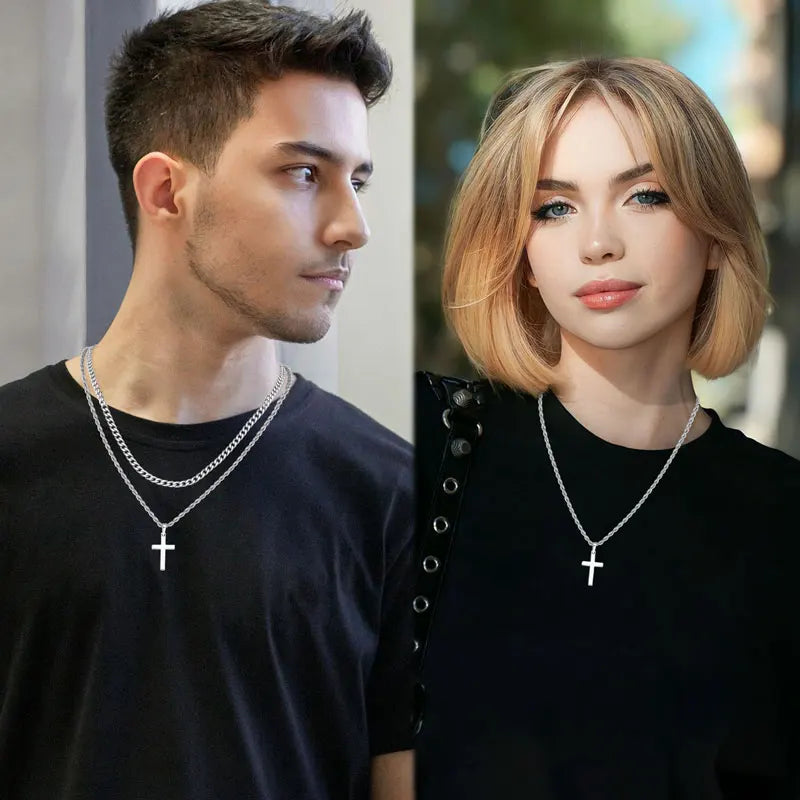 RAPRGOLD 925スターリングシルバークロスペンダントネックレス男女兼用ダブルレイヤーキューバロープチェーンファインジュエリーギフト