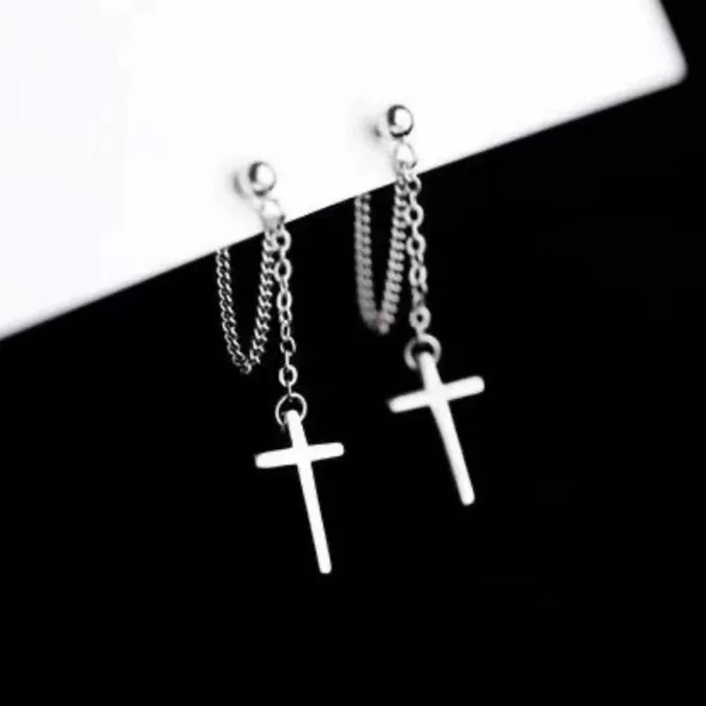 Punk Silver Cross Drop Earrings for Women Men Gothic Hip Hop Long Tassel Hanging Earring Jewelry Gift