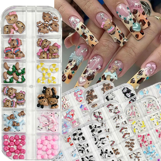 12Grids Summer Black Skin Hello Kitty Nail Charms 3D Pink Bows Hello Kitty Nail Art Rhinestone Cute Cartoon DIY Nail Accessories