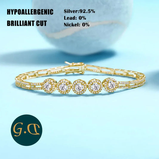 16.4CTW Lab Grown Diamond Bracelet 18K Gold Plated Five Stone Round Design Hypoallergenic Comes with GRA Certificate