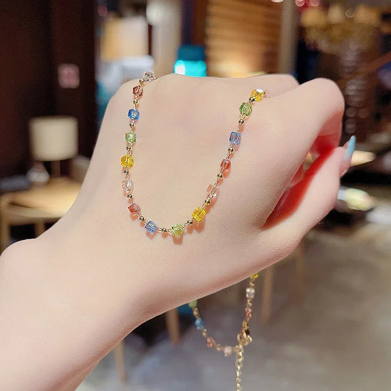 Fashion  Emerald Inlaid Rhinestone Choker Necklace for Women Girls Delicate Gold Color Clavicle Chain Necklace Jewelry Gift