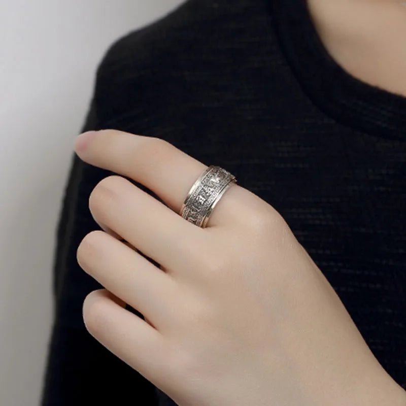 シルバー925リング、男女兼用、回転式、トレンディ、6文字のマントラ、レトロリング、絶妙なレリーフジュエリーギフト