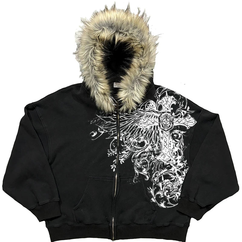 ヨーロッパとアメリカのスタイルのイースターの男性と女性の豪華なエッジの装飾ジャケット、クロスウィングパターンがプリントされていますパンクY2K