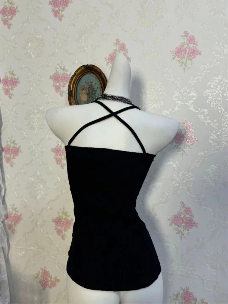 サブカルチャー パンク ヴィンテージ Y2K フェイクツーピース ホルターネック トップス レディース セクシー ゴシック アメリカン レトロ カジュアル シック ラップ チェストタンクトップ ブラック Tシャツ