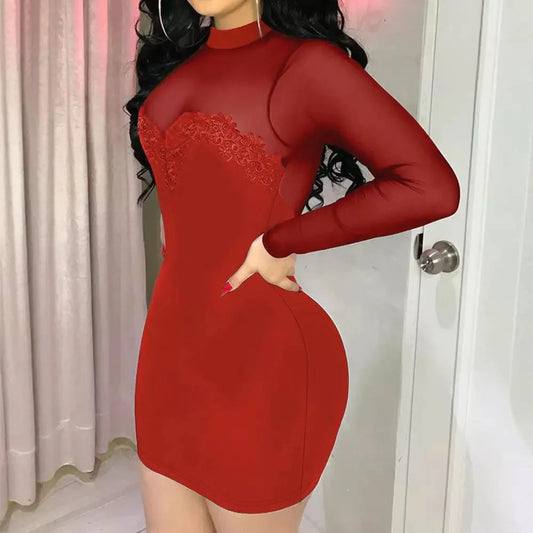 Women Mesh Stitching Long Sleeve Dress Bodycon Mini Sexy Slim Sheath Dress O Neck Summer Lace