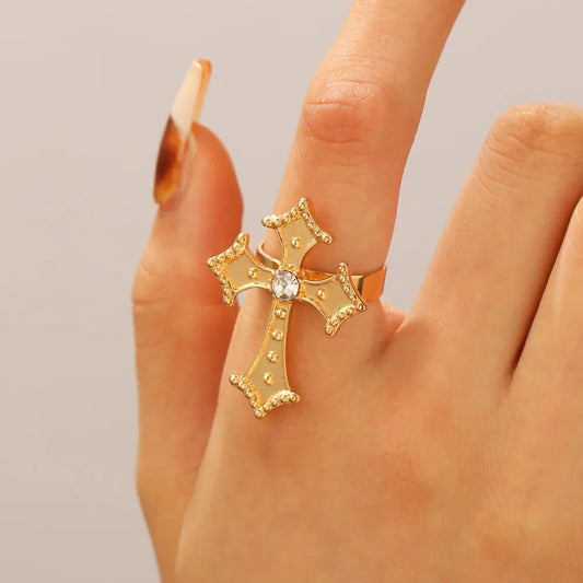 ゴシックレトロコートゴールドカラーアローヘッドクロスジルコンオープニングリングメンズレディースパンクヒップホップロックストリートジュエリーアクセサリーギフト