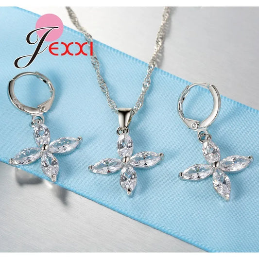 クラシックなヴィンテージクロスデザイン925スターリングシルバーペンダントネックレスイヤリングウェディングブライダルジュエリーセットレディース用