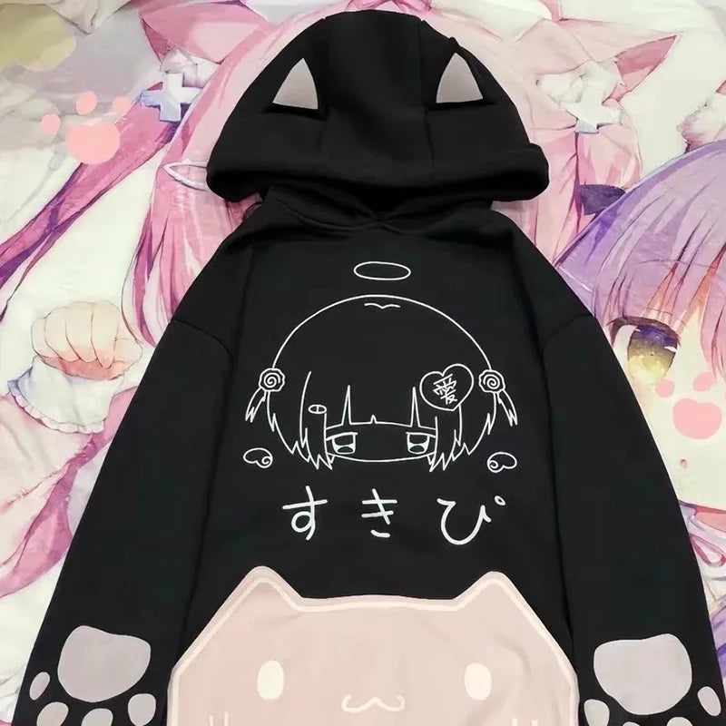 日本の漫画プリントパーカー サブカルチャー 甘くて可愛い猫耳 女性用フード付きスウェットシャツ 秋冬 原宿系 かわいい ゆったりトップス