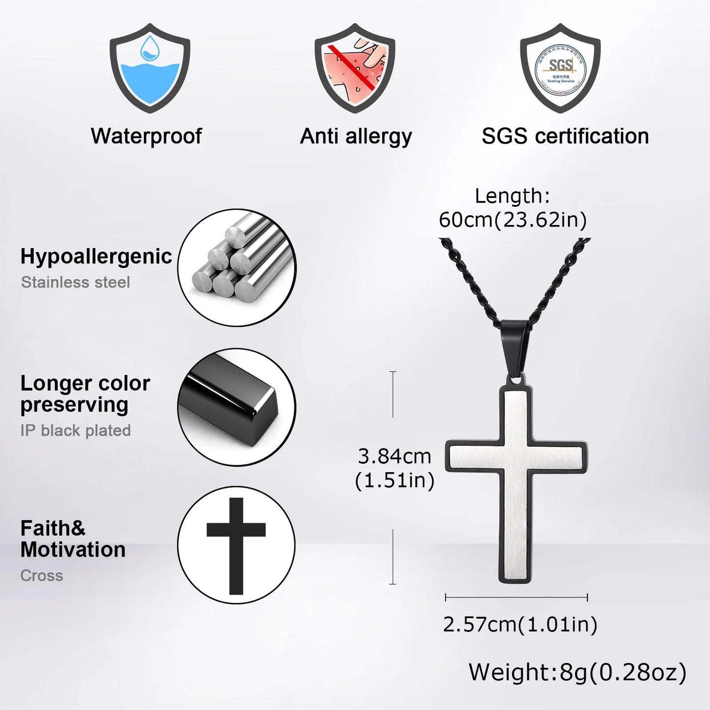 クラシックなヴィンテージクロスペンダントネックレス（メンズ・ボーイズ用）、ステンレススチールチャームネックレス、クールなパンク祈りジュエリーギフト