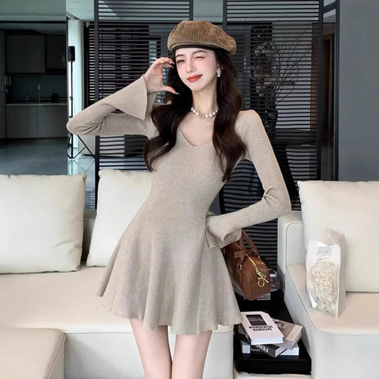 Autumn Winter Long Sleeve Mini Skirt Dress Women's Inner Wear Slimming Base Layer Hot Girl Wrap around Short Skirt Dress