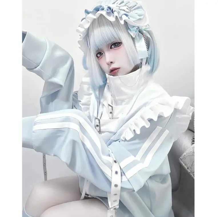 日本のサブカルチャーステッチパッチワークパーカー レディース 2024年秋 フリルエッジ 原宿系 Y2K パーカー 2000年代風 ルーズジッパー スウェットシャツ