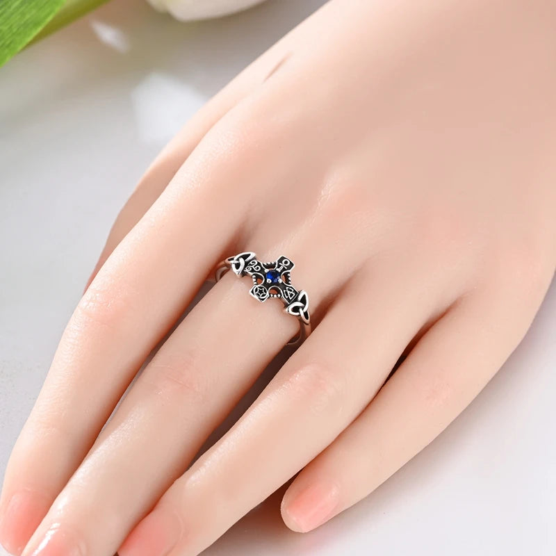 オリジナル925スターリングシルバー ゴールドカラー ケルトノットクロス オープンリング レディース ガールズ ジュエリー 誕生日 記念日 ギフト