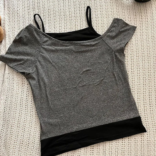 Y2k Slim Fit Print Tops Women Off Shoulder Short Sleeve Tee Shirt Neploe American Vintage Fake Two Piece Halter Lace Up T-shirts