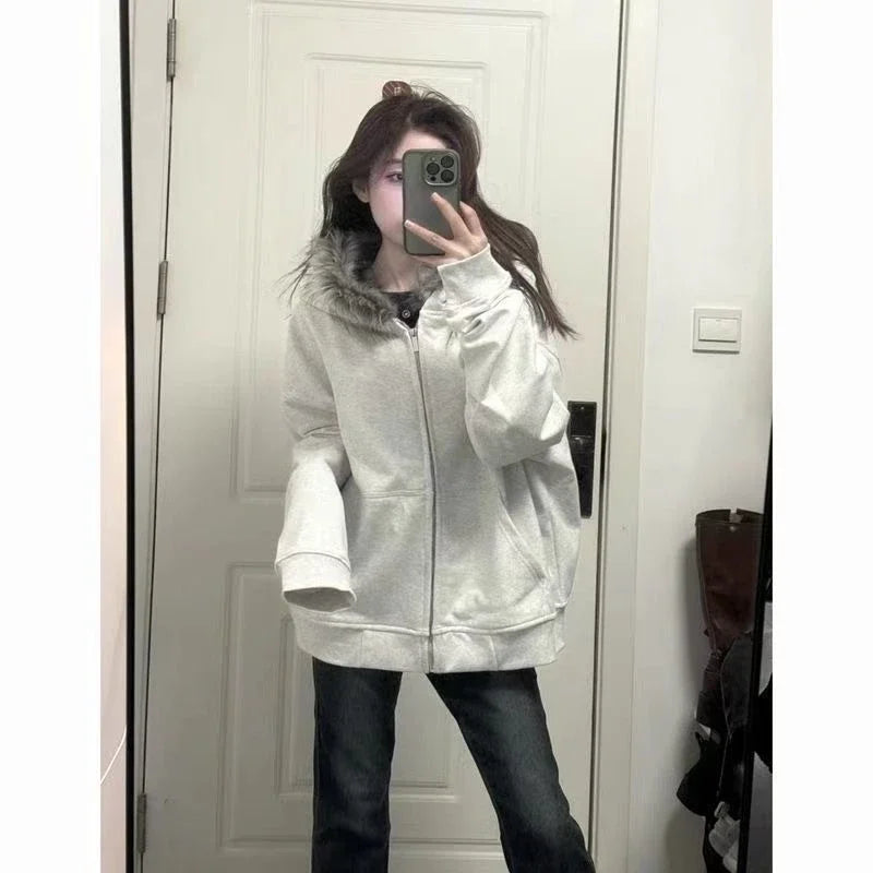 サブカルチャーゴシックコート、フード付き原宿プリントジャケット、2000年代アメリカンヴィンテージフェイクファースウェットシャツ、レディースカジュアルY2Kシック