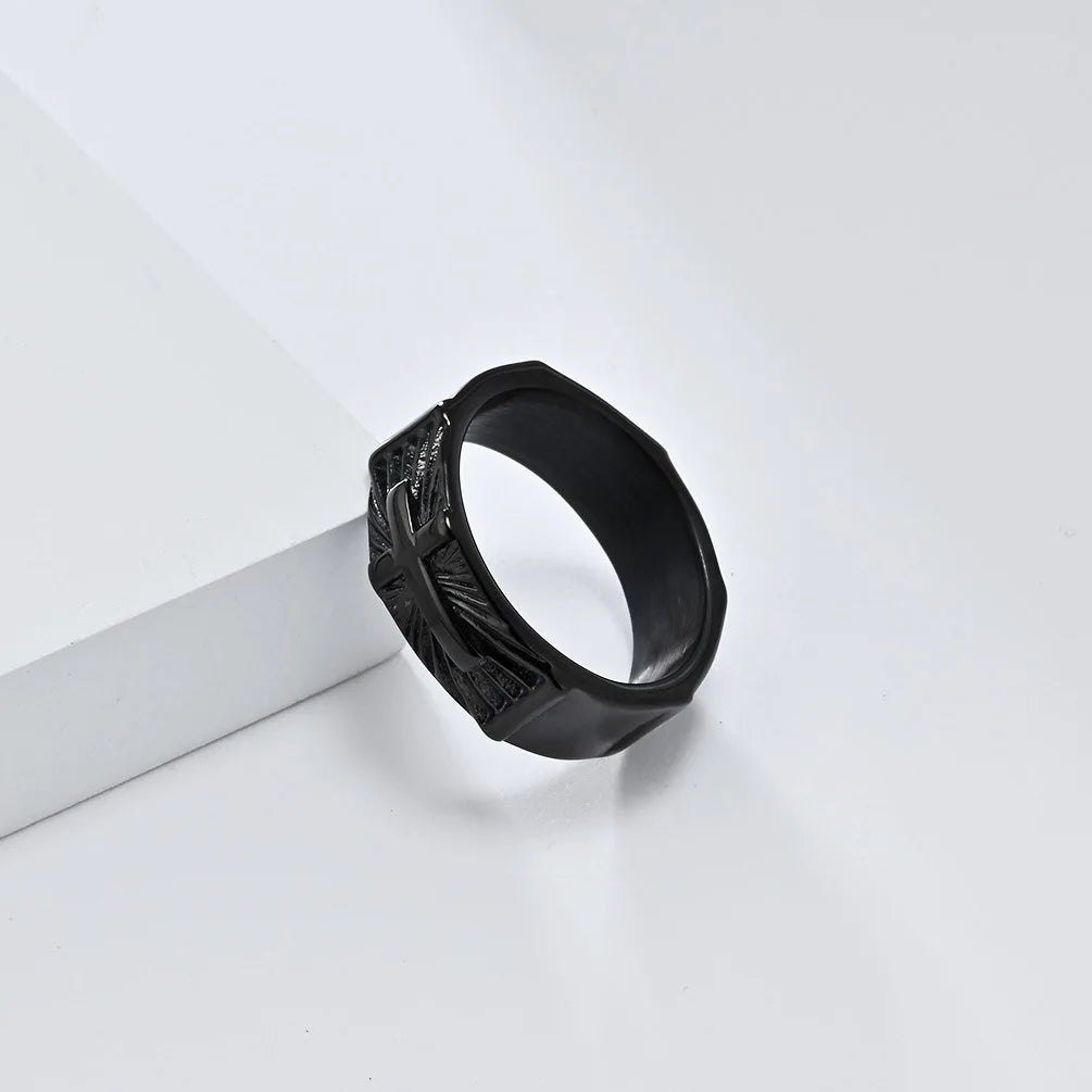 ヴィンテージ ホーリーライト クロスリング メンズ ステンレススチール タリスマンリング 宗教的信仰ジュエリー イースター ハロウィン 感謝祭ギフト