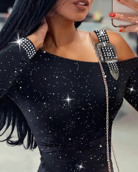 Women's Dress Elegant Fashion Glitter Rhinestone Buckled Design One shoulder Long Sleeve Bodycon Dress Slim Fit Party Mini Dress