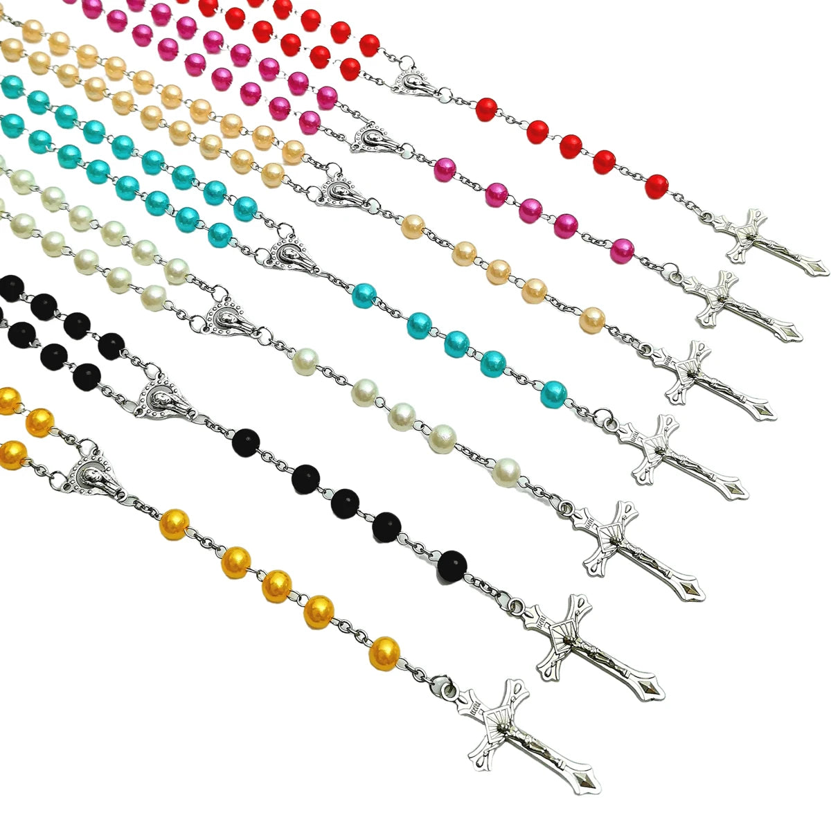 ファッションクロスペンダントロングウェザーチェーンABSイミテーションパール聖母マリアペンダント祈りネックレス女性と男性用