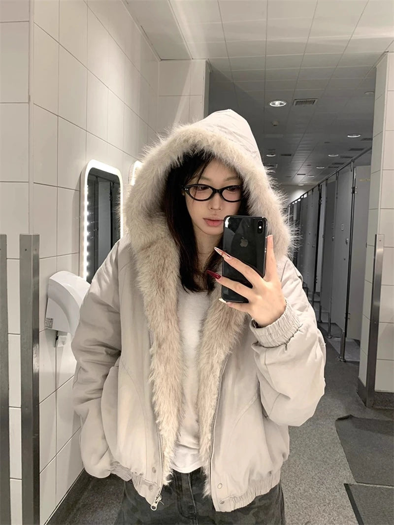 ZAROY レディース&amp;メンズ 冬用ジャケット Y2K ストリートウェア ファーカラー フード付き カジュアル ルーズコート 暖かい 原宿系 パーカー ゴシック パーカー куртк