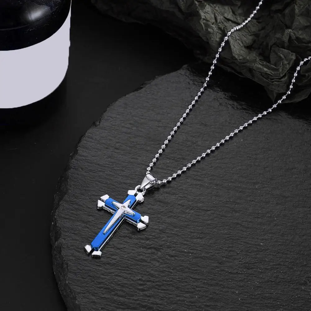 Vintage Crosses Pendant Necklace With Bead Chain Jewelry Necklace Blue Fashion Patterned Men Accessories Alloy Cross