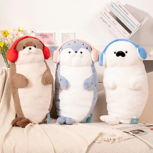 High Quality Genuine Kawaii Cartoon Sea Creature Otter Plush Doll Pillow Headset Blue Seal Otter Stuffed Animal Birthday Gift