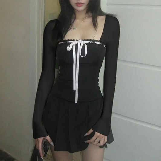 Y2K Black Square Collar Long Sleeve Dress Women Elegant Lace-up Bow A-line Mini Dress Korean Short Dresses Aesthetic Clothes 원피스