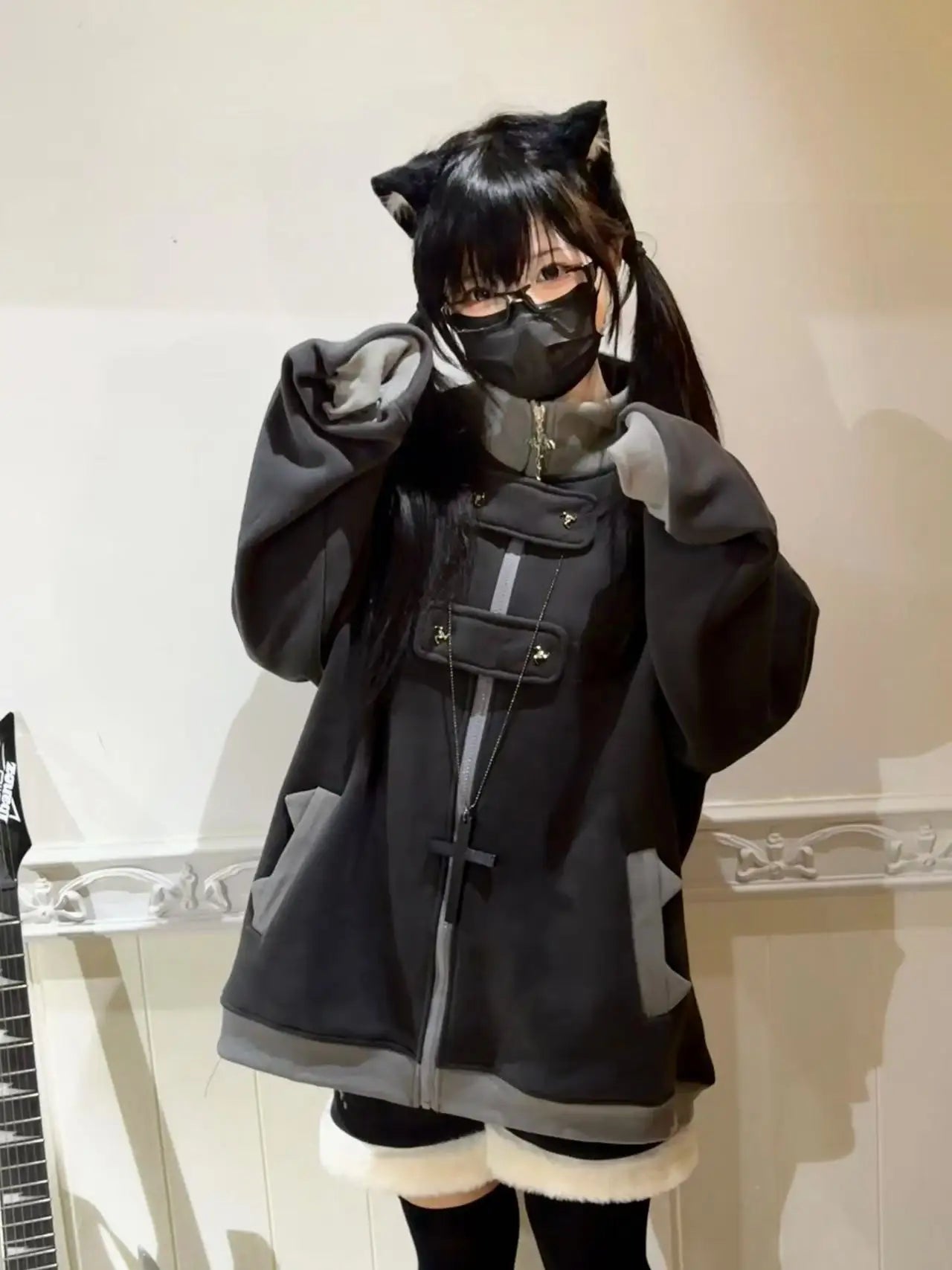 ファッションベルベットスタンドカラーサブカルチャー猫耳フード付きスウェットシャツジャケットオリジナルゴシック長袖ゆったり暖かいエレガントコート