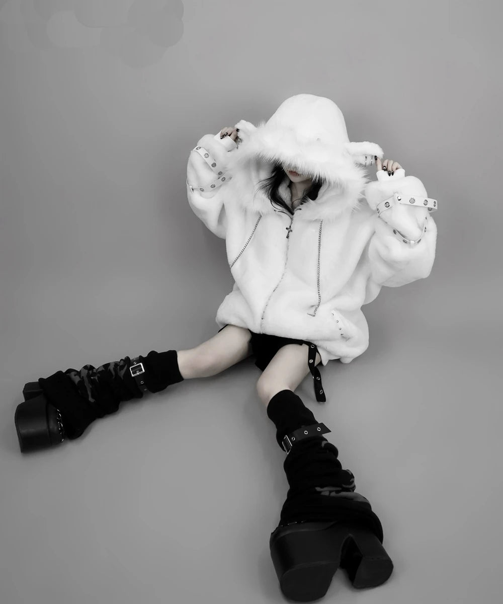 日本製マインシリーズ リベットクロス シープイヤー フード付きジャケット 冬物 新作 ゴスパンク ダークガールズ イミテーションファー プラッシュコート レディース