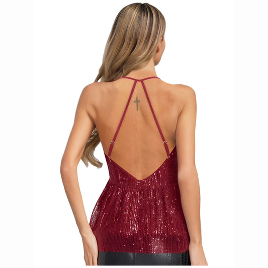 Women Sequin Tank Top Sparkling Slim Fit Blouse V Neck Cross Spaghetti Straps Open Back Ruffle Hem Vest Sparkle Slim Fit Cami