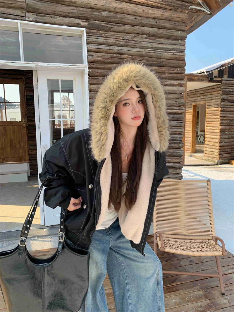 ZAROY レディース&amp;メンズ 冬用ジャケット Y2K ストリートウェア ファーカラー フード付き カジュアル ルーズコート 暖かい 原宿系 パーカー ゴシック パーカー куртк