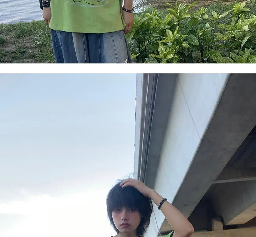 日本のサブカルチャー かわいい猫プリント 半袖Tシャツ レディース 夏 ヴィンテージ グリーン カジュアル ゆったり スウィートガール Y2K トップス