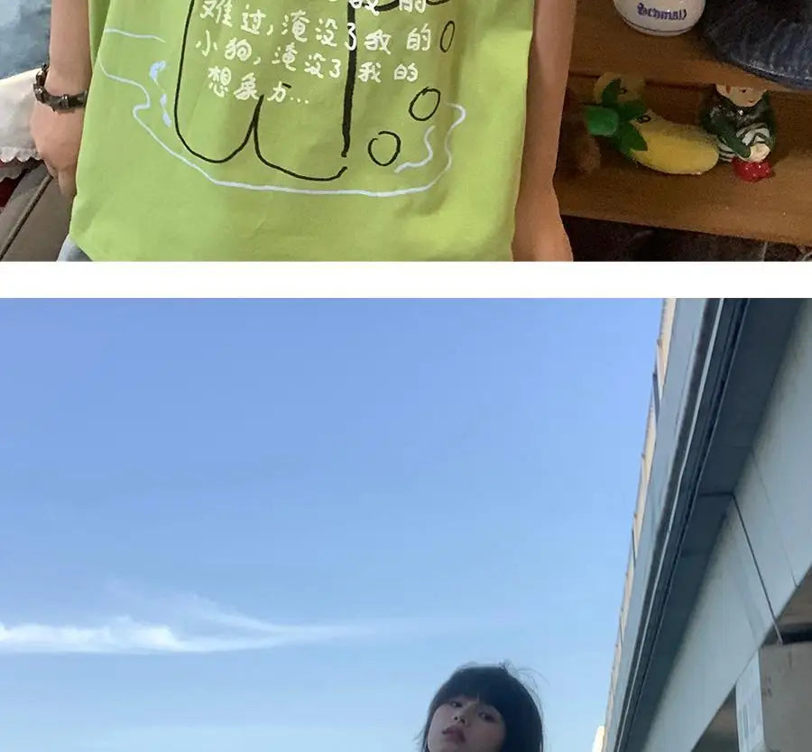 日本のサブカルチャー かわいい猫プリント 半袖Tシャツ レディース 夏 ヴィンテージ グリーン カジュアル ゆったり スウィートガール Y2K トップス