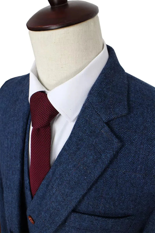 Wool Blue Herringbone Retro Gentleman Style Custom Made Men's Suits Tailor Suit Blazer Suits For Men 3 piece (Jacket+Pants+Vest)