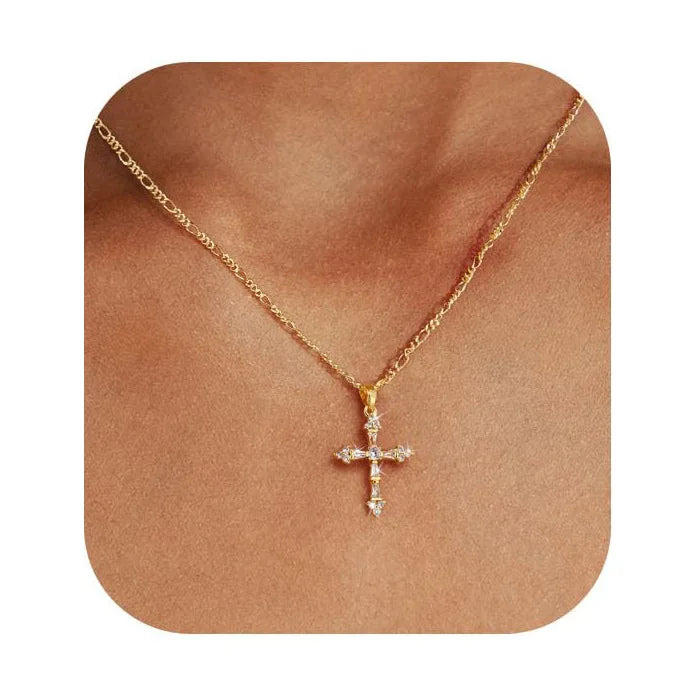 女性用クロスジュエリーネックレス 14Kゴールドメッキペンダントネックレス トレンディな小さなクロスチャームネックレス シンプルでキュートなチョーカーネックレス
