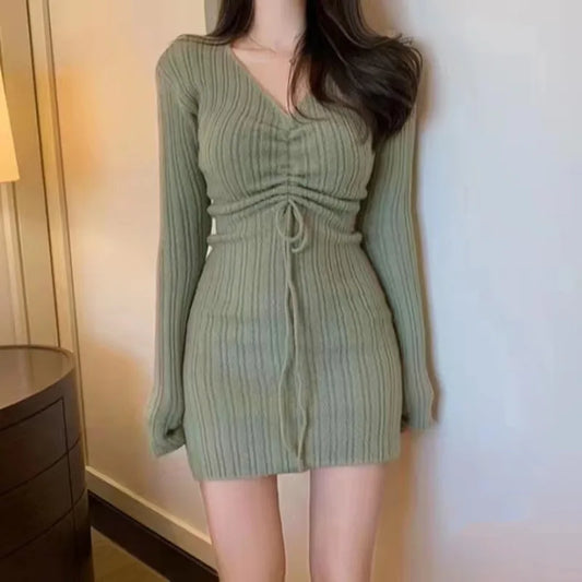 V-neck Drawstring Long Sleeve Solid Color Mini Knitted Dress Spring Autumn Korean Sexy Slimming Simple Women's Hip Hugging Skirt