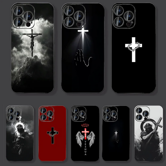 正教会の十字架の携帯電話ケース iPhone 16、15、14、13、12、11、XS、XR、X、8、7、Pro、Max、Plus、mini 用 シリコン ブラック カバー