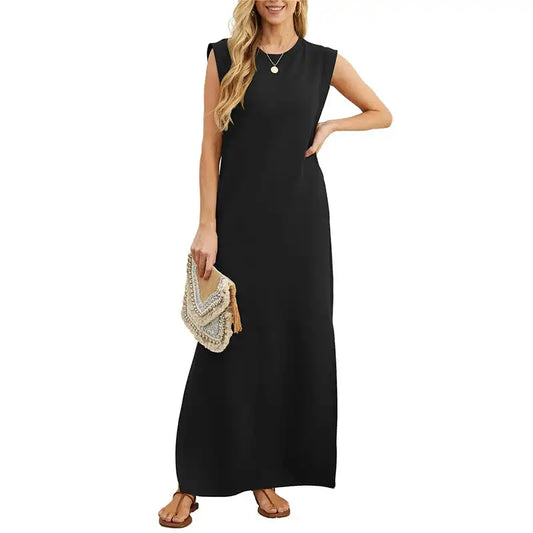 Women's Summer Casual Loose Sundress Long Dress Sleeveless Round Neck Split Tshirt Maxi Dresses Wrinkle-Free with Pocket