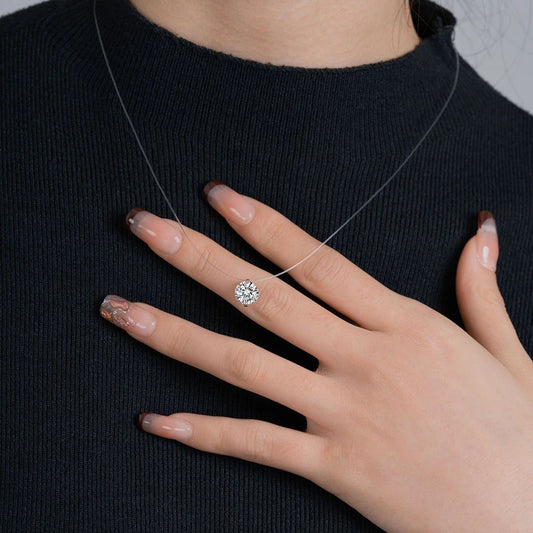 Lnkry 5mm/6.5mm/8mm Solitaire Moissanite Necklaces Transparent Fishing Line Invisible Necklace For Women s925 Silver Chains